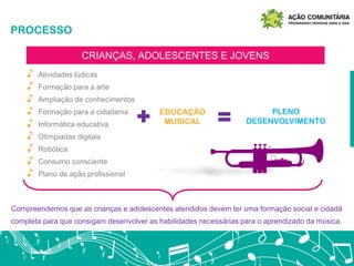 PROCESSO
Compreendemos que as crianças e adolescentes atendidos devem ter uma formação social e cidadã
completa para que consigam desenvolver as habilidades necessárias para o aprendizado da música.
Crianças
Adolescentes
Jovens
CRIANÇAS, ADOLESCENTES E JOVENS
♪ Atividades lúdicas
♪ Formação para a arte
♪ Ampliação de conhecimentos
♪ Formação para a cidadania
♪ Informática educativa
♪ Olímpiadas digitais
♪ Robótica
♪ Consumo consciente
♪ Plano de ação profissional
EDUCAÇÃO
MUSICAL
PLENO
DESENVOLVIMENTO
 