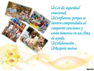 Les da seguridad
emocional,
Confianza, porque se
sienten comprendidos al
compartir canciones y
están inmersos en un clima
de ayuda.
Colaboración .
Respeto mutuo.
 