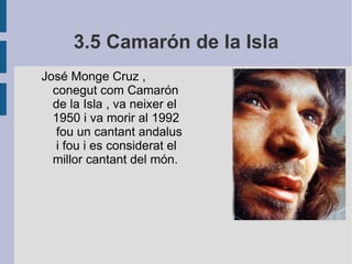 3.5 Camarón de la Isla José Monge Cruz , conegut com Camarón de la Isla , va neixer el 1950 i va morir al 1992  fou un cantant andalus  i fou i es considerat el millor cantant del món. 