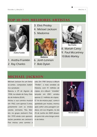 VOLUME 1, EDIÇÃO 1                                                                         PÁGINA 3




TOP 10 dos melhores artistas
                                  3. Elvis Presley
                                  4. Mickael Jackson
                                  5. Madonna



                                                                         Ray Charles

                                                                    8. Mariah Carey
       Aretha Franklin                                              9. Paul Mccartney
                                         Madonna                    10.Bob Marley
1. Aretha Franklin                6. Jonh Lennon
2. Ray Charles                    7. Bob Dylan



Michael Jackson
Michael Jackson foi um famo-      solo. Em 1981 lançou o álbum
so cantor, compositor, bailari-   “Thriller”, o mais vendido da
no e produtor.                    Historia, com 41 milhões de
Nasceu a 29 de Agosto de          cópias. Já o álbum “ Invisible”
1958, na cidade de Gary, Esta-    lançado em 2001 vendeu
do de Indiana (EUA).              apenas 2,1 milhões de cópias.
Iniciou a sua carreira musical    O "rei da música pop", como é
em 1962, com apenas 5 anos,       apelidado por muitos, morreu
juntamente com os irmãos          após sofrer uma paragem car-
(Jackie, Jermaine, Tito, Mar-     díaca, em Los Angeles, no dia
lon, no grupo Jackson’s Five.     25 de Junho de 2009 deixan-            Michael Jackson

Em 1970 ainda com apresen-        do para trás uma longa carrei-
tações paralelas aos Jackson’s    ra de êxitos.
Five iniciou uma carreira a
 