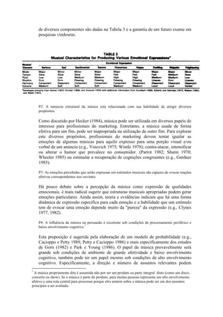 de diversos componentes são dadas na Tabela 3 e a garantia de um futuro exame em
    pesquisas vindouras.




    P2: A natureza estrutural da música esta relacionada com sua habilidade de atingir diversos
    propósitos.

    Como discutido por Hecker (1984), música pode ser utilizada em diversos papéis de
    interesse para profissionais do marketing. Entretanto, a música usada de forma
    efetiva para um fim, pode ser inapropriada na utilização de outro fim. Para explorar
    este diversos propósitos, profissionais do marketing devem tentar igualar as
    emoções de algumas músicas para aquilo expresso para uma porção visual e/ou
    verbal de um anúncio (e.g., Vinovich 1975; Wintle 1978); contra-atacar, intensificar
    ou alterar o humor que prevalece no consumidor. (Parrot 1982; Shatin 1970;
    Wheeler 1985) ou estimular a recuperação de cognições congruentes (e.g., Gardner
    1985).

    P3: As emoções percebidas que serão expressas em estímulos musicais são capazes de evocar reações
    afetivas correspondentes nos ouvintes.

    Há pouco debate sobre a percepção da música como expressão de qualidades
    emocionais. è mais radical sugerir que estruturas musicais apropriadas podem gerar
    emoções particulares. Ainda assim, teoria e evidências indicam que há uma forma
    dinâmica de expressão específica para cada emoção e a habilidade que um estímulo
    tem de evocar uma emoção depende muito da "pureza" da expressão (e.g., Clynes
    1977, 1982).

    P4: A influência da música na persuasão é excelente sob condições de processamento periférico e
    baixo envolvimento cognitivo.7

    Esta proposição é sugerida pela elaboração de um modelo de probabilidade (e.g.,
    Cacioppo e Petty 1989; Petty e Cacioppo 1986) e mais especificamente dos estudos
    de Gorn (1982) e Park e Young (1986). O papel da música provavelmente será
    grande sob condições de ambiente de grande afetividade e baixo envolvimento
    cognitivo, também pode ter um papel mesmo sob condições de alto envolvimento
    cognitivo. Especificamente, a direção e número de assuntos relevantes podem
7
 A música propriamente dita é assumida não por ser um produto ou parte integral disto (como um disco,
concerto ou show). Se a música é parte do produto, para muitas pessoas representa um alto envolvimento
afetivo e uma rota central para processar porque eles sentem sobre a música pode ser um dos assuntos
principais a ser avaliado.
 