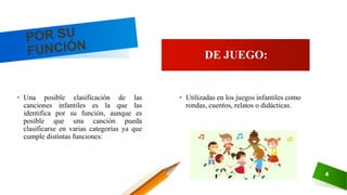 • Una posible clasificación de las
canciones infantiles es la que las
identifica por su función, aunque es
posible que una canción pueda
clasificarse en varias categorías ya que
cumple distintas funciones:
4
• Utilizadas en los juegos infantiles como
rondas, cuentos, relatos o didácticas.
DE JUEGO:
 
