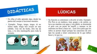 • En ellas el niño aprende algo, desde las
partes del cuerpo a lecciones morales.
• Ejemplo: Tengo, tengo, tengo, tú no
tienes nada, tengo tres ovejas en una
cabaña. Una me da leche, otra me da
lana, y la otra mantequilla para toda la
semana.
6
• Su función es entretener o divertir al niño. Ejemplo:
Pin Pon es un muñeco, muy guapo y de cartón, se
lava sus manitas con agua y con jabón, se desenreda
el pelo con un peine de marfil, y aunque se da
estirones no llora y hace así... Esto sirve para que los
niños se porten mejor porque las canciones de este
tipo les ayuda a tener conciencia de lo que deben
hacer y lo que no.
LÚDICAS
 