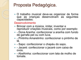 Proposta Pedagógica. 
 O trabalho musical deve-se organizar de forma 
que as crianças desenvolvam as seguintes 
capacidades: 
Desenvolvimento 
 Brincar com a música, imitar, inventar e 
reproduzir criações musicais, como por exemplo: 
 - Dona Aranha: confeccionar a aranha com fundo 
de garrafa pet ou com luva. 
 - Pintinho Amarelinho: confeccionar o pintinho de 
lã. 
 - Sapo: confeccionar o chapéu do sapo. 
 - Jacaré: confeccionar o jacaré com caixa de 
ovos. 
 - Abelhinha: confeccionar com lata de molho de 
tomate. 
 