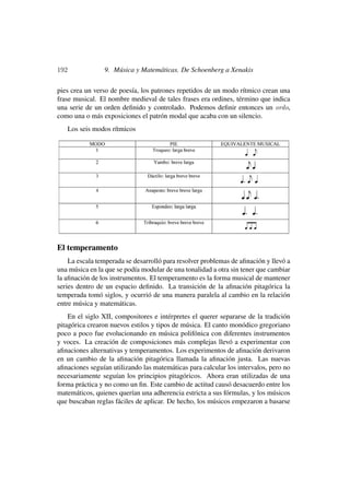 192               9. Música y Matemáticas. De Schoenberg a Xenakis

pies crea un verso de poesía, los patrones repetidos de un modo rítmico crean una
frase musical. El nombre medieval de tales frases era ordines, término que indica
una serie de un orden deﬁnido y controlado. Podemos deﬁnir entonces un ordo,
como una o más exposiciones el patrón modal que acaba con un silencio.
      Los seis modos rítmicos




El temperamento
    La escala temperada se desarrolló para resolver problemas de aﬁnación y llevó a
una música en la que se podía modular de una tonalidad a otra sin tener que cambiar
la aﬁnación de los instrumentos. El temperamento es la forma musical de mantener
series dentro de un espacio deﬁnido. La transición de la aﬁnación pitagórica la
temperada tomó siglos, y ocurrió de una manera paralela al cambio en la relación
entre música y matemáticas.
    En el siglo XII, compositores e intérpretes el querer separarse de la tradición
pitagórica crearon nuevos estilos y tipos de música. El canto monódico gregoriano
poco a poco fue evolucionando en música polifónica con diferentes instrumentos
y voces. La creación de composiciones más complejas llevó a experimentar con
aﬁnaciones alternativas y temperamentos. Los experimentos de aﬁnación derivaron
en un cambio de la aﬁnación pitagórica llamada la aﬁnación justa. Las nuevas
aﬁnaciones seguían utilizando las matemáticas para calcular los intervalos, pero no
necesariamente seguían los principios pitagóricos. Ahora eran utilizadas de una
forma práctica y no como un ﬁn. Este cambio de actitud causó desacuerdo entre los
matemáticos, quienes querían una adherencia estricta a sus fórmulas, y los músicos
que buscaban reglas fáciles de aplicar. De hecho, los músicos empezaron a basarse
 