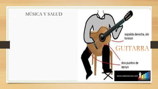 MÚSICA Y SALUD
Antes de tomar la guitarra, necesitamos saber cual es
la posición correcta de sentarnos para poder sostenerla
y tocarla. Necesitas sentarte en una silla resistente con
base plana lo suficientemente alta para que tus piernas
queden flexionadas en 90 grados, con tus pies
apoyando toda su base en el piso, tus rodillas deben
estar separadas a la anchura de tus hombros. Tu
espalda debe estar derecha y tus hombros relajados y
nivelados. Procura que la ropa no te estorbe al
tocar, siempre pasa que la manga esta apagado el
sonido de las cuerdas.
Apoya la cintura de la guitarra en tu pierna derecha y
coloca tu antebrazo derecho sobre el borde de la caja.
El mástil queda cerca del cuerpo y un poco inclinado
hacia arriba. No pegues la guitarra a tu estómago.
Inclina un poco la parte superior de la guitarra hacia
dentro para que no tengas que inclinarte demasiado
para ver donde pones los dedos de ambas manos.
Más información La cuerda.net
 