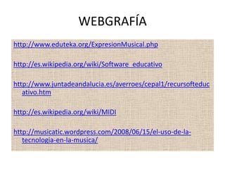 MIDI         MIDI son las siglas del (Interfaz Digital de Instrumentos Musicales). Se trata de un protocolo industrial estándar que permite a los computadores, sintetizadores, secuenciadores, controladores y otros dispositivos musicales electrónicos comunicarse y compartir información para la generación de sonidos.     Esta información define diversos tipos de datos como números que pueden corresponder a notas particulares, números de patches de sintetizadores o valores de controladores. Gracias a esta simplicidad, los datos pueden ser interpretados de diversas maneras y utilizados con fines diferentes a la música. El protocolo incluye especificaciones complementarias de hardware y software.