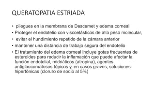 QUERATOPATIA ESTRIADA
• pliegues en la membrana de Descemet y edema corneal
• Proteger el endotelio con viscoelásticos de alto peso molecular,
• evitar el hundimiento repetido de la cámara anterior
• mantener una distancia de trabajo segura del endotelio
• El tratamiento del edema corneal incluye gotas frecuentes de
esteroides para reducir la inflamación que puede afectar la
función endotelial, midriáticos (atropina), agentes
antiglaucomatosos tópicos y, en casos graves, soluciones
hipertónicas (cloruro de sodio al 5%)
 