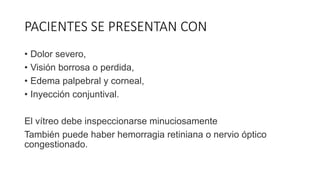PACIENTES SE PRESENTAN CON
• Dolor severo,
• Visión borrosa o perdida,
• Edema palpebral y corneal,
• Inyección conjuntival.
El vítreo debe inspeccionarse minuciosamente
También puede haber hemorragia retiniana o nervio óptico
congestionado.
 