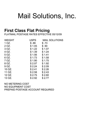 Mail Solutions, Inc.
First Class Flat Pricing
FLATMAIL POSTAGE RATES EFFECTIVE 05/12/09

WEIGHT           USPS      MAIL SOLUTIONS
1 OZ.            $ .88    $ .73
2 OZ.            $ 1.05   $ .90
3 OZ.            $ 1.22   $ 1.07
4 OZ.            $ 1.39   $ 1.24
5 OZ.            $ 1.56   $ 1.41
6 OZ.            $ 1.73   $ 1.58
7 OZ.            $ 1.90   $ 1.75
8 OZ.            $ 2.07   $ 1.92
9 OZ.            $ 2.24   $ 2.09
10 OZ.           $ 2.41   $ 2.26
11 OZ.           $ 2.58   $ 2.43
12 OZ.           $ 2.75   $ 2.60
13 OZ.           $ 2.92   $ 2.77

NO METERING COST
NO EQUIPMENT COST
PREPAID POSTAGE ACCOUNT REQUIRED
 