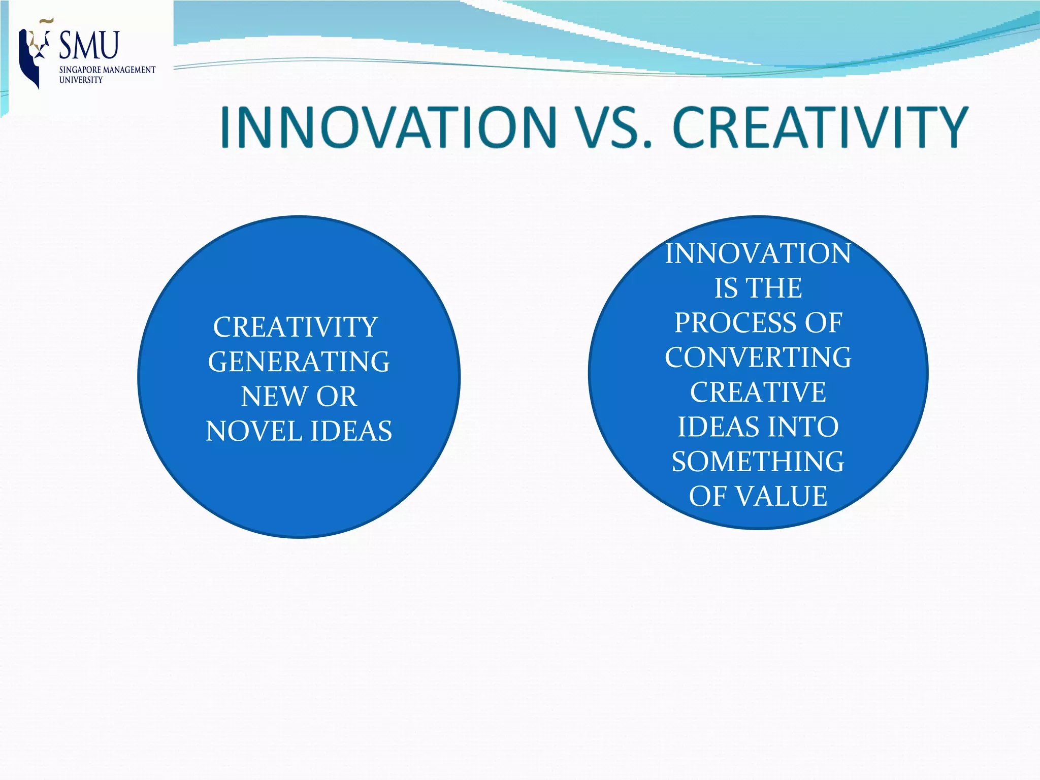 INNOVATION
                 IS THE
CREATIVITY     PROCESS OF
GENERATING    CONVERTING
  NEW OR        CREATIVE
NOVEL IDEAS    IDEAS INTO
               SOMETHING
                OF VALUE
 