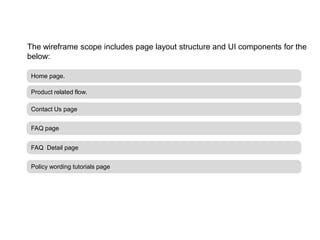 The wireframe scope includes page layout structure and UI components for the
below:

 Home page.

 Product related flow.

 Contact Us page


 FAQ page


 FAQ Detail page


 Policy wording tutorials page
 