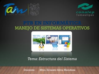 PTB EN INFORMÁTICA
MANEJO DE SISTEMAS OPERATIVOS
Tema: Estructura del Sistema
Docente: Mtro. Ernesto Silva Mendoza
 
