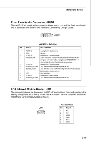 Hardware Setup




Front Panel Audio Connector: JAUD1
The JAUD1 front panel audio connector allows you to connect the front panel audio
and is compliant with Intel® Front Panel I/O Connectivity Design Guide.


                                  2                10
                                  1                9
                                                        JAUD1



                                 JAUD1 Pin Definition

         PIN    SIGNAL            DESCRIPTION

         1      PORT 1L           Analog Port 1 - Left channel
         2      GND               Ground
         3      PORT 1R           Analog Port 1 - Right channel
         4      PRESENCE#         Active low signal - signals BIOS that a High Definition Audio
                                  dongle is connected to the analog header. PRESENCE# = 0
                                  when a High Definition Audio dongle is connected.
         5      PORT 2R           Analog Port 2 - Right channel
         6      SENSE1_RETIRN     Jack detection return from front panel JACK1
         7      SENSE_SEND        Jack detection sense line from the High Definition Audio CODEC
                                  jack detection resistor network
         8      KEY               ConnectorKey
         9      PORT 2L           Analog Port 2 - Left channel
         10     SENSE2_RETIRN     Jack detection return from front panel JACK2




IrDA Infrared Module Header: JIR1
The connector allows you to connect to IrDA Infrared module. You must configure the
setting through the BIOS setup to use the IR function. JIR1 is compliant with Intel®
Front Panel I/O Connectivity Design Guide.


                                                                    Pin Definition
                                 JIR1                               Pin   Signal
                                                                    1     NC
                             2          6
                             1          5                           2     NC
                                                                    3     VCC5
                                                                    4     GND
                                                                    5     IRTX
                                                                    6     IRRX




                                                                                                   2-15
 