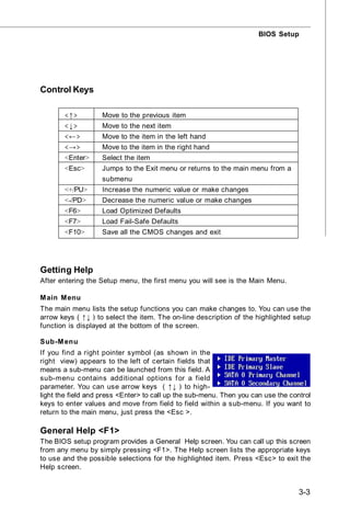 BIOS Setup




Control Keys

       < ↑>        Move to the previous item
       < ↓>        Move to the next item
       < ←>        Move to the item in the left hand
       < →>        Move to the item in the right hand
       <Enter>     Select the item
       <Esc>       Jumps to the Exit menu or returns to the main menu from a
                   submenu
       <+/PU>      Increase the numeric value or make changes
       <-/PD>      Decrease the numeric value or make changes
       <F6>        Load Optimized Defaults
       <F7>        Load Fail-Safe Defaults
       <F10>       Save all the CMOS changes and exit




Getting Help
After entering the Setup menu, the first menu you will see is the Main Menu.

M ain M enu
The main menu lists the setup functions you can make changes to. You can use the
arrow keys ( ↑↓ ) to select the item. The on-line description of the highlighted setup
function is displayed at the bottom of the screen.

Sub-M enu
If you find a right pointer symbol (as shown in the
right view) appears to the left of certain fields that
means a sub-menu can be launched from this field. A
sub-menu c ontains additional options f or a field
parameter. You can use arrow keys ( ↑↓ ) to high-
light the field and press <Enter> to call up the sub-menu. Then you can use the control
keys to enter values and move from field to field within a sub-menu. If you want to
return to the main menu, just press the <Esc >.

General Help <F1>
The BIOS setup program provides a General Help screen. You can call up this screen
from any menu by simply pressing <F1>. The Help screen lists the appropriate keys
to use and the possible selections for the highlighted item. Press <Esc> to exit the
Help screen.


                                                                                   3-3
 