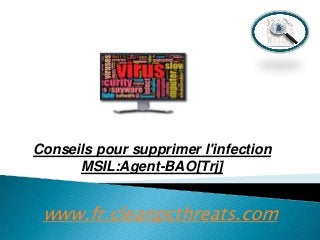 Conseils pour supprimer l'infection
MSIL:Agent-BAO[Trj]

www.fr.cleanpcthreats.com

 