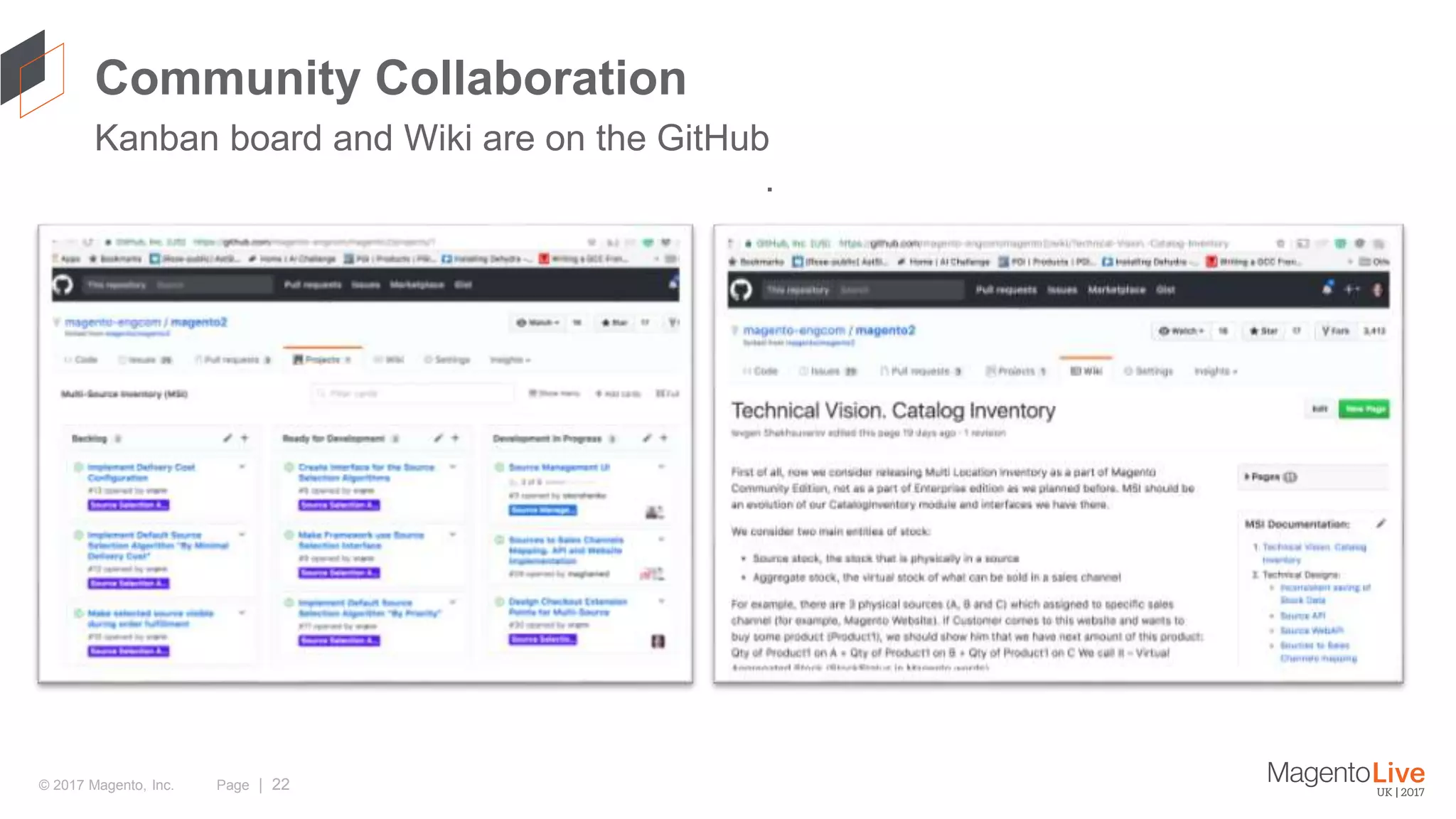 Page | 22© 2017 Magento, Inc. Community Collaboration . Kanban board and Wiki are on the GitHub 