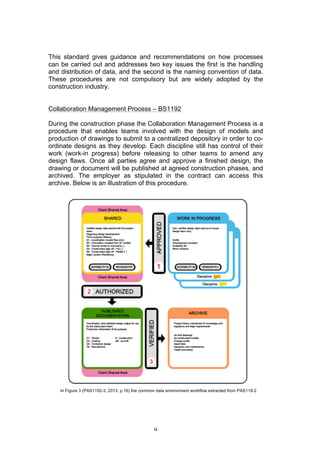   9	
  
This standard gives guidance and recommendations on how processes
can be carried out and addresses two key issues the first is the handling
and distribution of data, and the second is the naming convention of data.
These procedures are not compulsory but are widely adopted by the
construction industry.
Collaboration Management Process – BS1192
During the construction phase the Collaboration Management Process is a
procedure that enables teams involved with the design of models and
production of drawings to submit to a centralized depository in order to co-
ordinate designs as they develop. Each discipline still has control of their
work (work-in progress) before releasing to other teams to amend any
design flaws. Once all parties agree and approve a finished design, the
drawing or document will be published at agreed construction phases, and
archived. The employer as stipulated in the contract can access this
archive. Below is an illustration of this procedure.
In Figure 3 (PAS1192-3, 2013, p.16) the common data environment workflow extracted from PAS119-2
 
