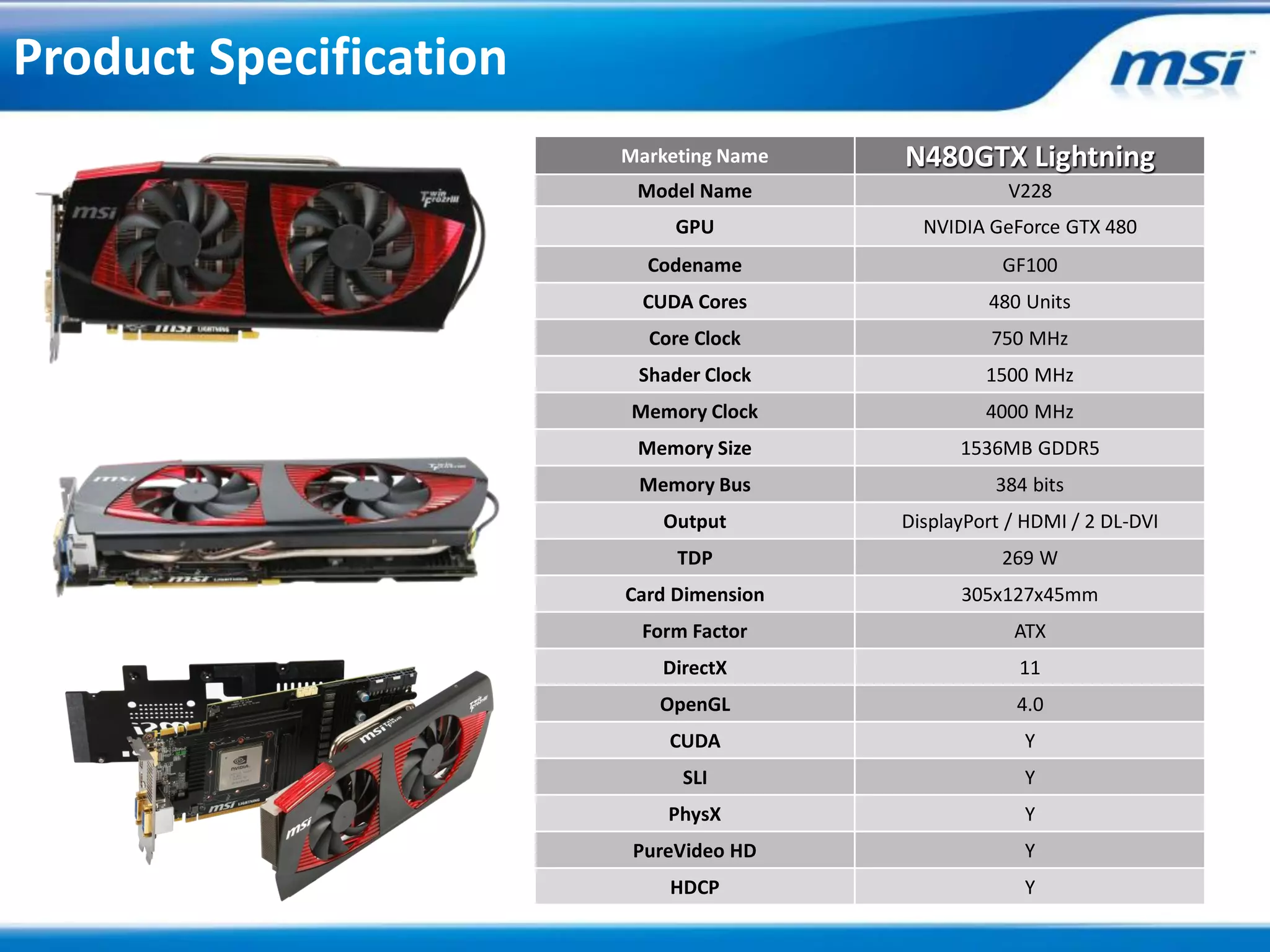 Product Specification
                        Marketing Name   N480GTX Lightning
                         Model Name                  V228
                             GPU           NVIDIA GeForce GTX 480
                          Codename                  GF100
                          CUDA Cores              480 Units
                          Core Clock               750 MHz
                         Shader Clock             1500 MHz
                         Memory Clock             4000 MHz
                         Memory Size           1536MB GDDR5
                         Memory Bus                384 bits
                            Output       DisplayPort / HDMI / 2 DL-DVI
                             TDP                    269 W
                        Card Dimension         305x127x45mm
                          Form Factor                ATX
                            DirectX                   11
                           OpenGL                     4.0
                            CUDA                      Y
                              SLI                     Y
                            PhysX                     Y
                         PureVideo HD                 Y
                            HDCP                      Y
 