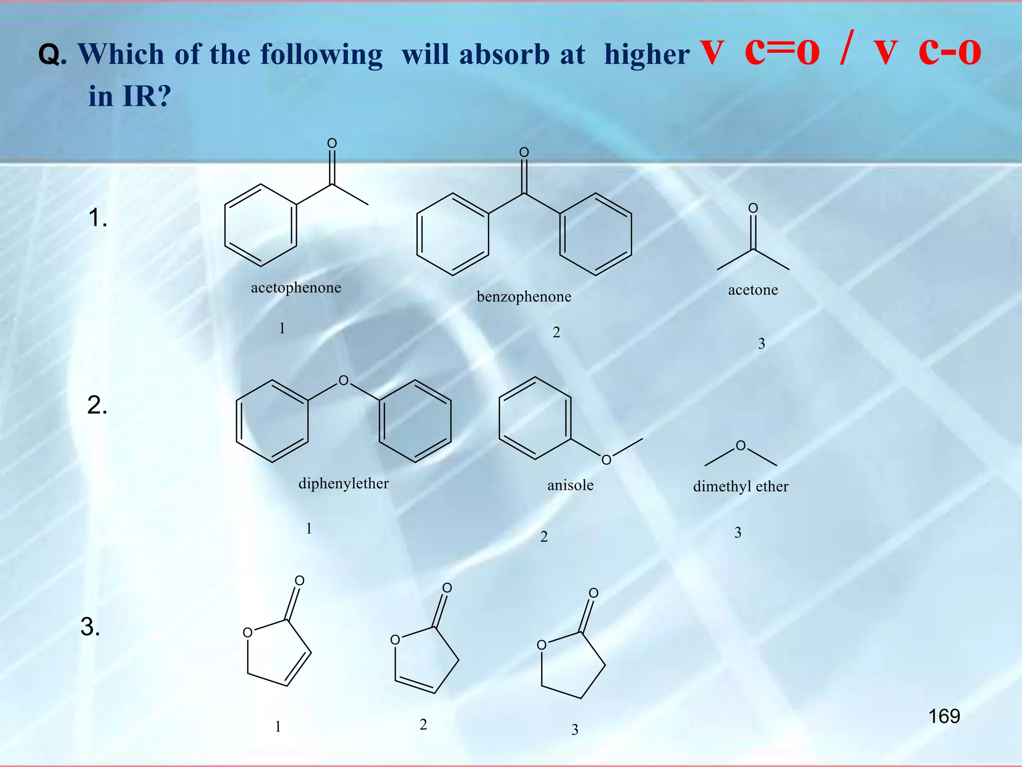 Q. Which of the following will absorb at higher v c=o / v c-o
in IR?
1.
2.
3.
169
 