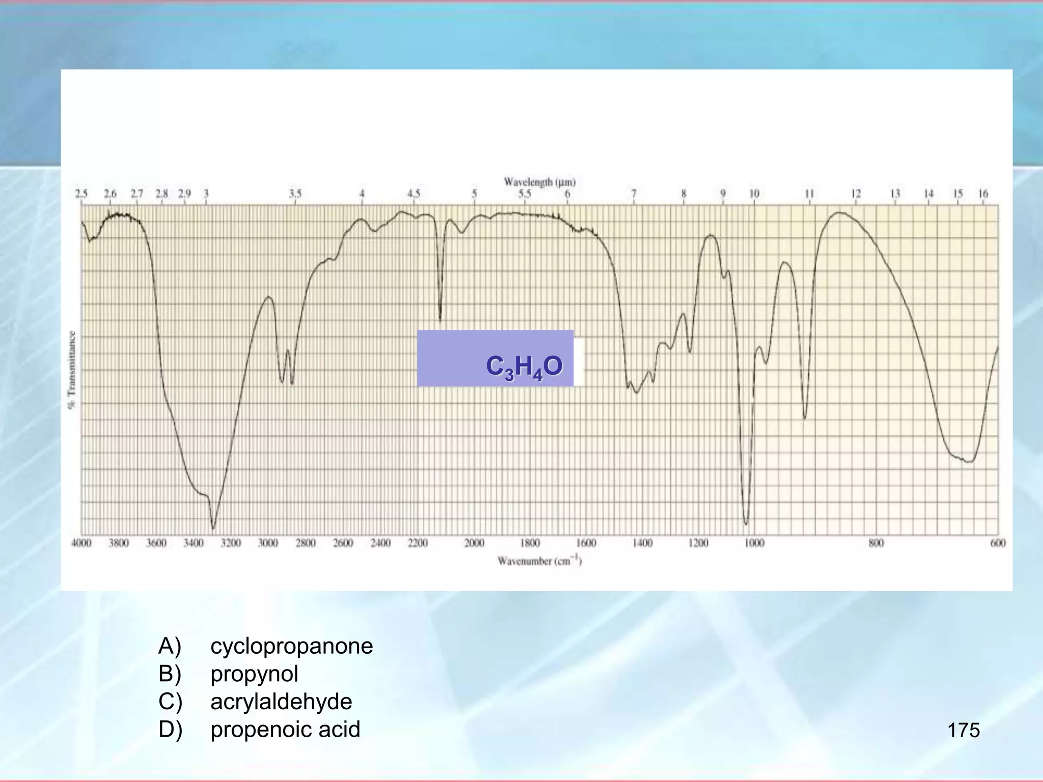 C3H4O
A) cyclopropanone
B) propynol
C) acrylaldehyde
D) propenoic acid 175
 