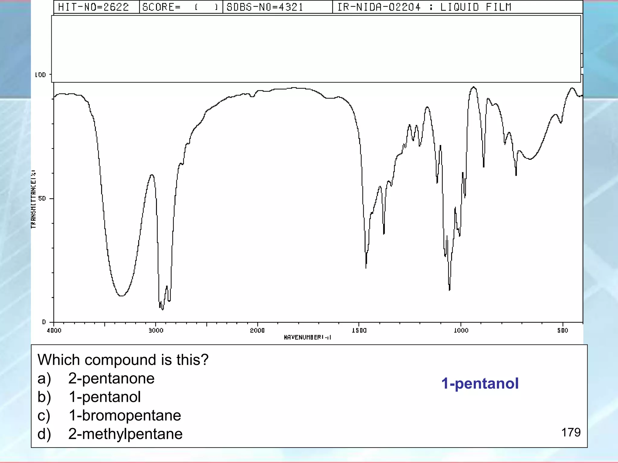 Which compound is this?
a) 2-pentanone
b) 1-pentanol
c) 1-bromopentane
d) 2-methylpentane
1-pentanol
179
 