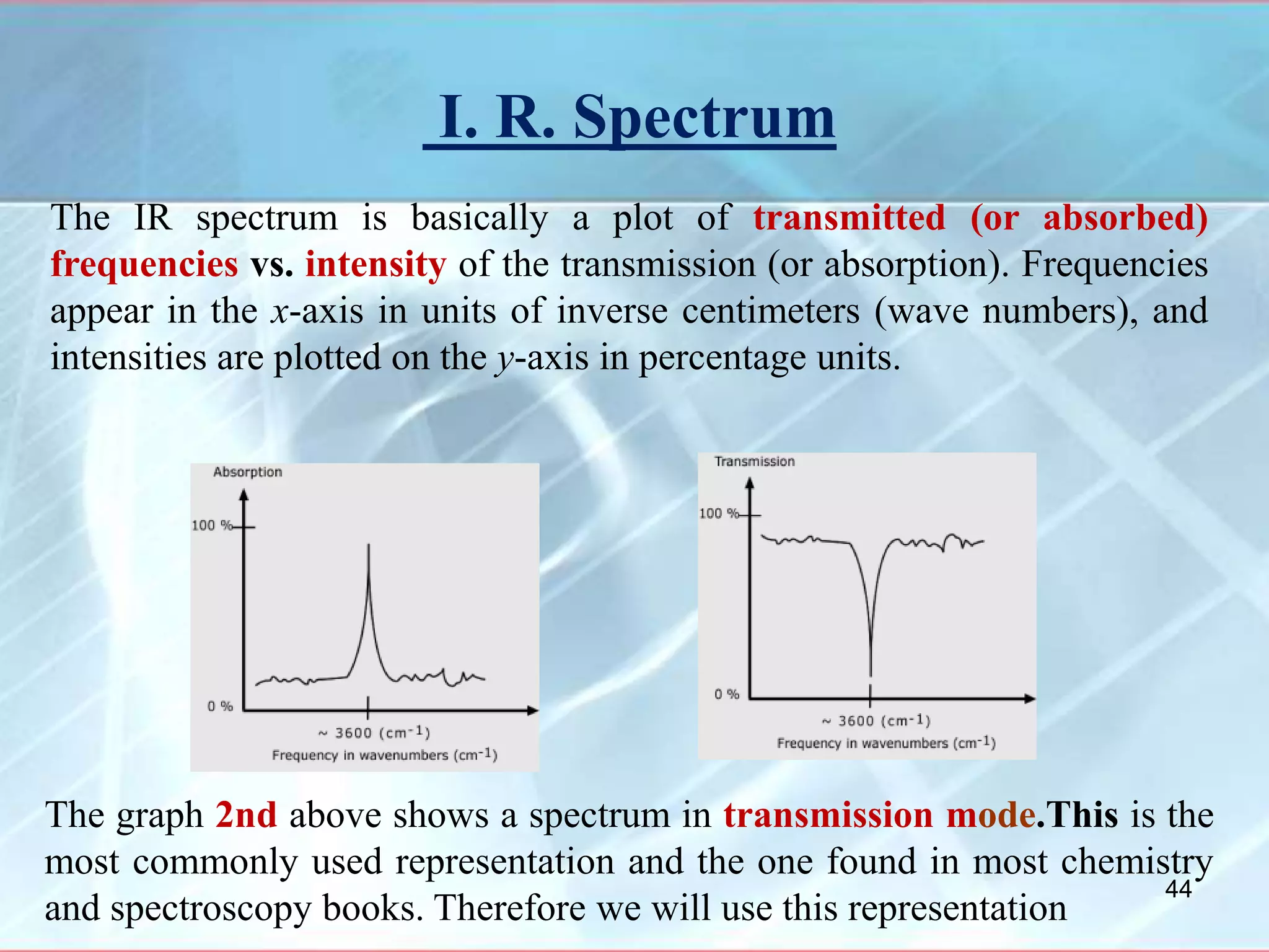 I. R. Spectrum
The IR spectrum is basically a plot of transmitted (or absorbed)
frequencies vs. intensity of the transmission (or absorption). Frequencies
appear in the x-axis in units of inverse centimeters (wave numbers), and
intensities are plotted on the y-axis in percentage units.
The graph 2nd above shows a spectrum in transmission mode.This is the
most commonly used representation and the one found in most chemistry
and spectroscopy books. Therefore we will use this representation
44
 
