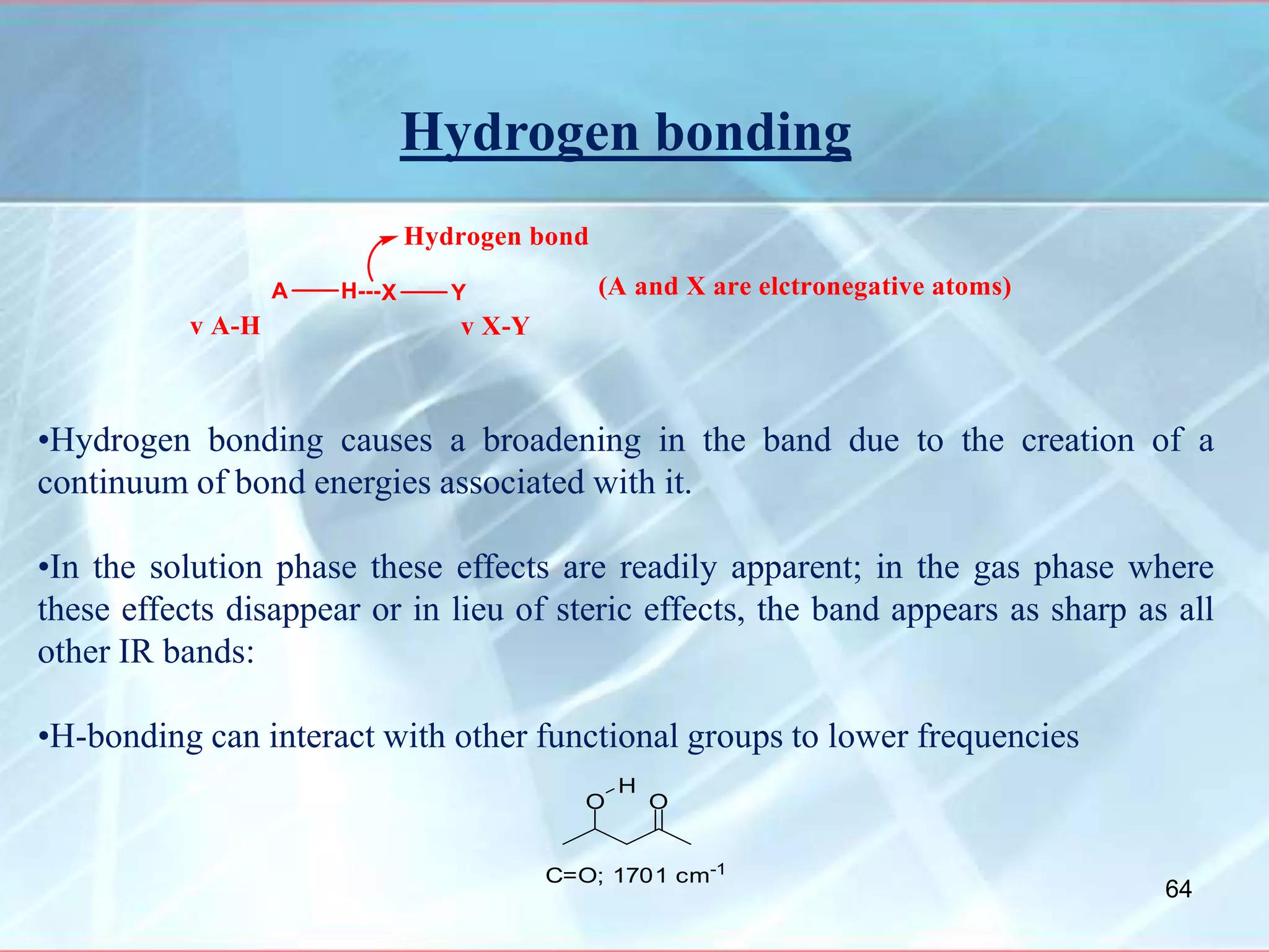 Hydrogen bonding
•Hydrogen bonding causes a broadening in the band due to the creation of a
continuum of bond energies associated with it.
•In the solution phase these effects are readily apparent; in the gas phase where
these effects disappear or in lieu of steric effects, the band appears as sharp as all
other IR bands:
•H-bonding can interact with other functional groups to lower frequencies
C=O; 1701 cm-1
OO
H
64
 
