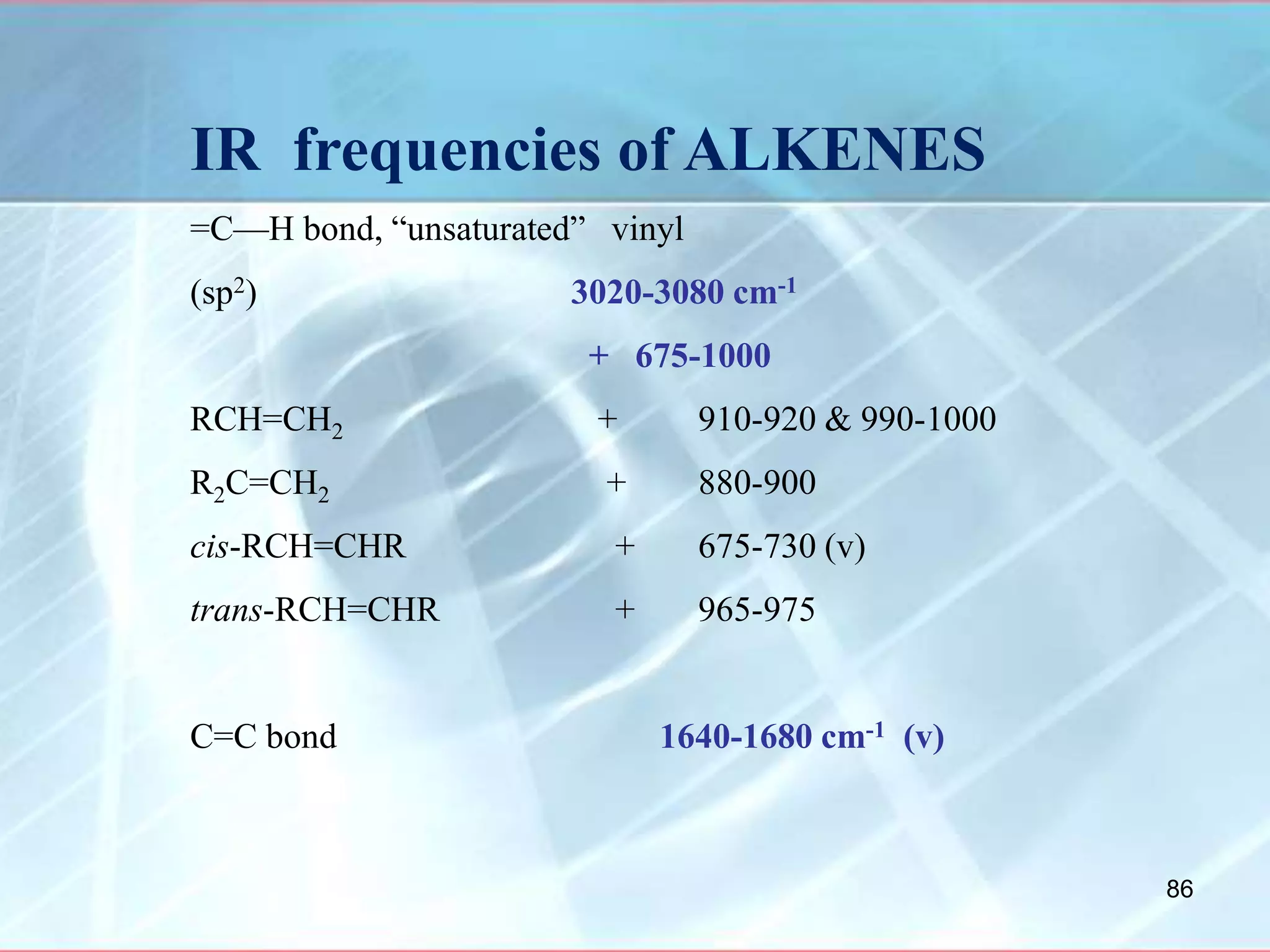 IR frequencies of ALKENES
=C—H bond, “unsaturated” vinyl
(sp2) 3020-3080 cm-1
+ 675-1000
RCH=CH2 + 910-920 & 990-1000
R2C=CH2 + 880-900
cis-RCH=CHR + 675-730 (v)
trans-RCH=CHR + 965-975
C=C bond 1640-1680 cm-1 (v)
86
 