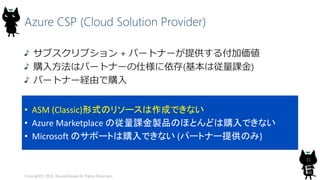 Azure CSP (Cloud Solution Provider)
サブスクリプション + パートナーが提供する付加価値
購入方法はパートナーの仕様に依存(基本は従量課金)
パートナー経由で購入
Copyright© 2018, @yuiashikaga All Rights Reserved.
11
• ASM (Classic)形式のリソースは作成できない
• Azure Marketplace の従量課金製品のほとんどは購入できない
• Microsoft のサポートは購入できない (パートナー提供のみ)
 