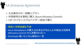 EA (Enterprise Agreement)
大企業向けの一括購入プラン
年間使用分を事前に購入 (Azure Monetary Commit)
LSP (ライセンスプロバイダー)経由で購入
Copyright© 2018, @yuiashikaga All Rights Reserved.
12
• 事前に年間金額を予測
• Azure Marketplace の購入は出来るがほとんどの製品は別請求
(Monetary Commit から消費されない)
• StorSimple 使いたいなら現状EA一択
https://www.microsoft.com/ja-jp/Licensing/how-to-buy/LSP.aspx
 