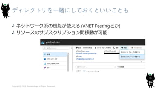 ディレクトリを一緒にしておくといいことも
ネットワーク系の機能が使える (VNET Peeringとか)
リソースのサブスクリプション間移動が可能
Copyright© 2018, @yuiashikaga All Rights Reserved.
36
 