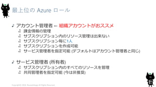 最上位の Azure ロール
アカウント管理者 ← 組織アカウントがおススメ
課金情報の管理
サブスクリプション内のリソース管理は出来ない
サブスクリプション毎に1人
サブスクリプションを作成可能
サービス管理者を指定可能 (デフォルトはアカウント管理者と同じ)
サービス管理者 (所有者)
サブスクリプション内のすべてのリソースを管理
共同管理者を指定可能 (今は非推奨)
Copyright© 2018, @yuiashikaga All Rights Reserved.
38
 