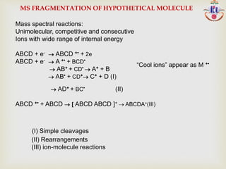 Mass spectral reactions:
Unimolecular, competitive and consecutive
Ions with wide range of internal energy
ABCD + e-  ABCD +• + 2e
ABCD + e-  A +• + BCD•
 AB+ + CD•  A+ + B
 AB• + CD+ C+ + D (I)
 AD+ + BC• (II)
ABCD +• + ABCD  [ ABCD ABCD ]+  ABCDA+(III)
“Cool ions” appear as M +•
(I) Simple cleavages
(II) Rearrangements
(III) ion-molecule reactions
MS FRAGMENTATION OF HYPOTHETICAL MOLECULE
 