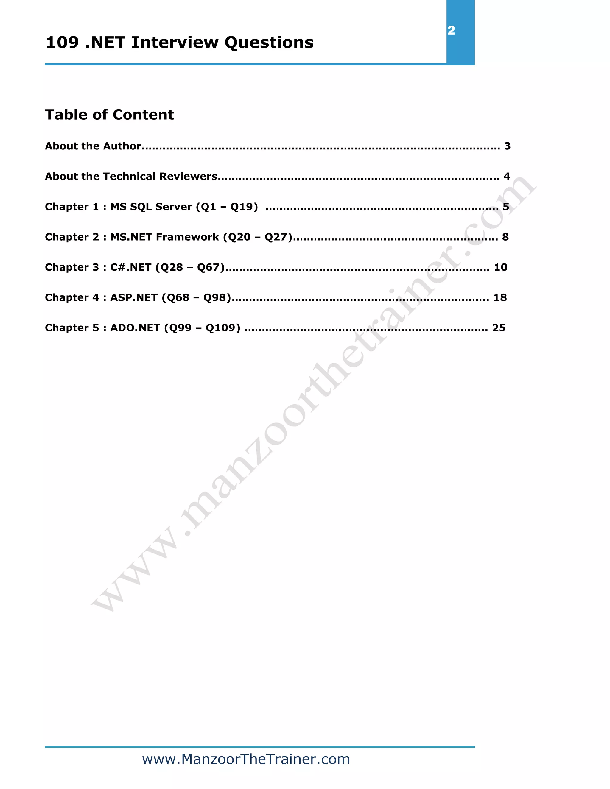 109 .NET Interview Questions 2 www.ManzoorTheTrainer.com Table of Content About the Author.………………………………………………………………………………………… 3 About the Technical Reviewers……………………………………………………………………... 4 Chapter 1 : MS SQL Server (Q1 – Q19) ……………….………………………………………… 5 Chapter 2 : MS.NET Framework (Q20 – Q27)……………………….…………………………. 8 Chapter 3 : C#.NET (Q28 – Q67)…………………………………………………………………. 10 Chapter 4 : ASP.NET (Q68 – Q98)……………………………………………………………….. 18 Chapter 5 : ADO.NET (Q99 – Q109) ……………………………………………………………. 25 