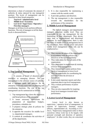 Management Science Introduction to Management
determines a chain of command, the amount of
authority & status enjoyed by any managerial
position. The levels of management can be
classified in three broad categories:
1. Top level / Administrative level
2. Middle level / Executory
3. Low level / Supervisory / Operative /
First-line managers
Managers at all these levels perform different
functions. The role of managers at all the three
levels is discussed below
1. Top Level of Management
It consists of board of directors, chief
executive or managing director. The top
management is the ultimate source of authority
and it manages goals and policies for an
enterprise. It devotes more time on planning and
coordinating functions. The role of the top
management can be summarized as follows
1. Top management lays down the objectives
and broad policies of the enterprise.
2. It issues necessary instructions for
preparation of department budgets,
procedures, schedules etc.
3. It prepares strategic plans & policies for
the enterprise.
4. It appoints the executive for middle level
i.e. departmental managers.
5. It controls & coordinates the activities of
all the departments.
6. It is also responsible for maintaining a
contact with the outside world.
7. It provides guidance and direction.
8. The top management is also responsible
towards the shareholders for the
performance of the enterprise.
2. Middle Level of Management
The branch managers and departmental
managers constitute middle level. They are
responsible to the top management for the
functioning of their department. They devote
more time to organizational and directional
functions. In small organization, there is only
one layer of middle level of management but in
big enterprises, there may be senior and junior
middle level management. Their role can be
emphasized as –
• They execute the plans of the organization
in accordance with the policies and
directives of the top management.
• They make plans for the sub-units of the
organization.
• They participate in employment & training
of lower level management.
• They interpret and explain policies from
top level management to lower level.
• They are responsible for coordinating the
activities within the division or
department.
• It also sends important reports and other
important data to top level management.
• They evaluate performance of junior
managers.
• They are also responsible for inspiring
lower level managers towards better
performance.
3. Lower Level of Management
Lower level is also known as
supervisory / operative level of management. It
consists of supervisors, foreman, section
officers, superintendent etc. According to R.C.
Davis, “Supervisory management refers to those
executives whose work has to be largely with
personal oversight and direction of operative
employees”. In other words, they are concerned
N.Durga Chaitanya Prasad MBA, M.Com MS Notes 6
 