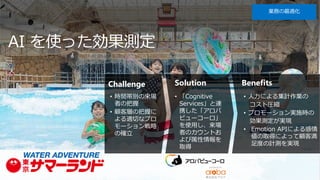 Challenge Solution Benefits
• 時間帯別の来場
者の把握
• 顧客層の把握に
よる適切なプロ
モーション戦略
の確立
• 「Cognitive
Services」と連
携した「アロバ
ビューコーロ」
を使用し、来場
者のカウントお
よび属性情報を
取得
• 人力による集計作業の
コスト圧縮
• プロモーション実施時の
効果測定が実現
• Emotion APIによる感情
値の取得によって顧客満
足度の計測を実現
AI を使った効果測定
業務の最適化
 