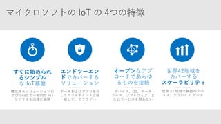 世界42地域を
カバーする
スケーラビリティ
すぐに始められ
るシンプル
な IoT基盤
オープンなアプ
ローチであらゆ
るものを接続
エンドツーエン
ドでカバーする
ソリューション
 