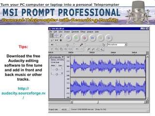 Tips: Download the free Audacity editing software to fine tune and add in front and back music or other tracks. http:// au...