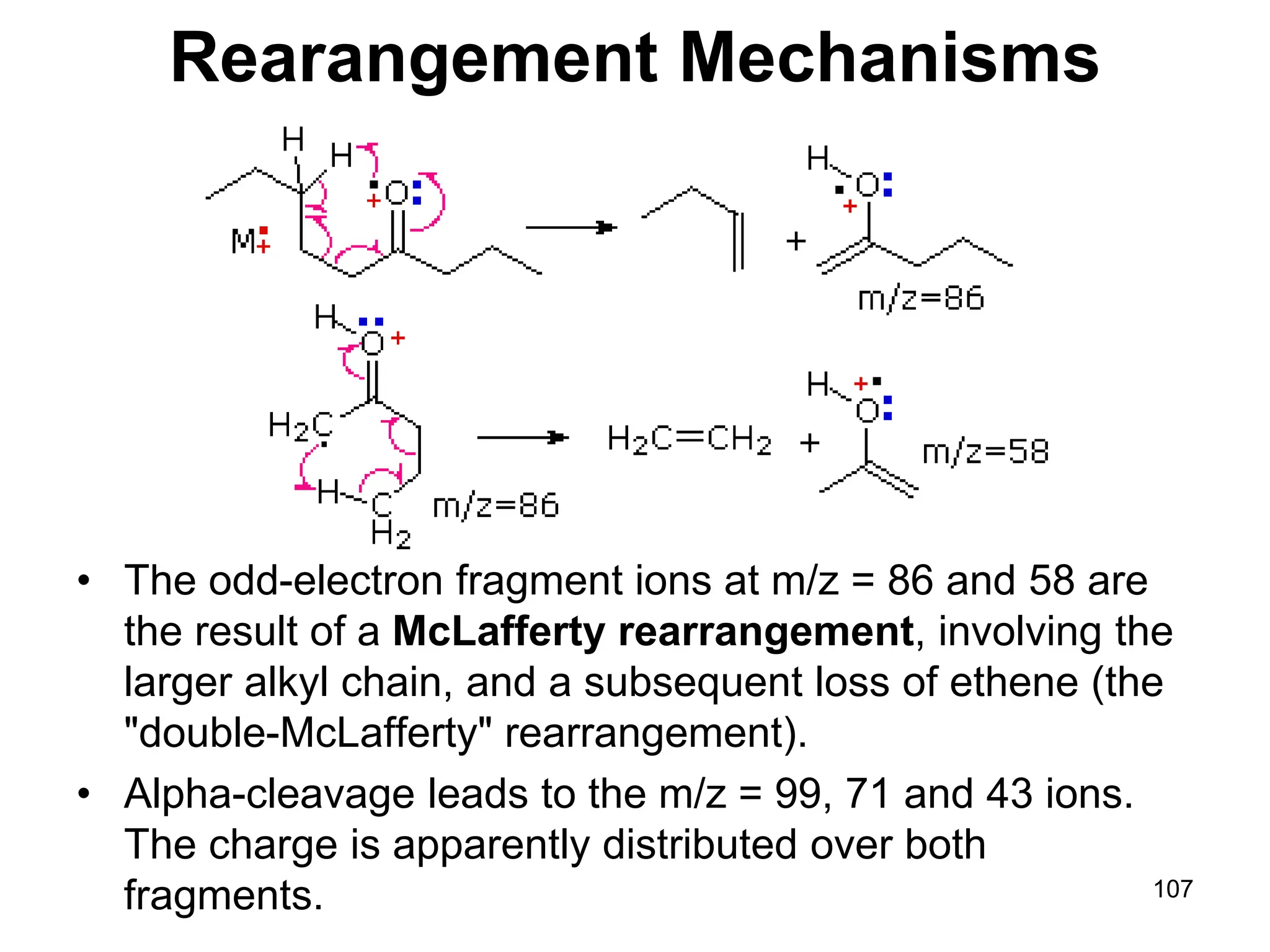 107
Rearangement Mechanisms
• The odd-electron fragment ions at m/z = 86 and 58 are
the result of a McLafferty rearrangement, involving the
larger alkyl chain, and a subsequent loss of ethene (the
"double-McLafferty" rearrangement).
• Alpha-cleavage leads to the m/z = 99, 71 and 43 ions.
The charge is apparently distributed over both
fragments.
 