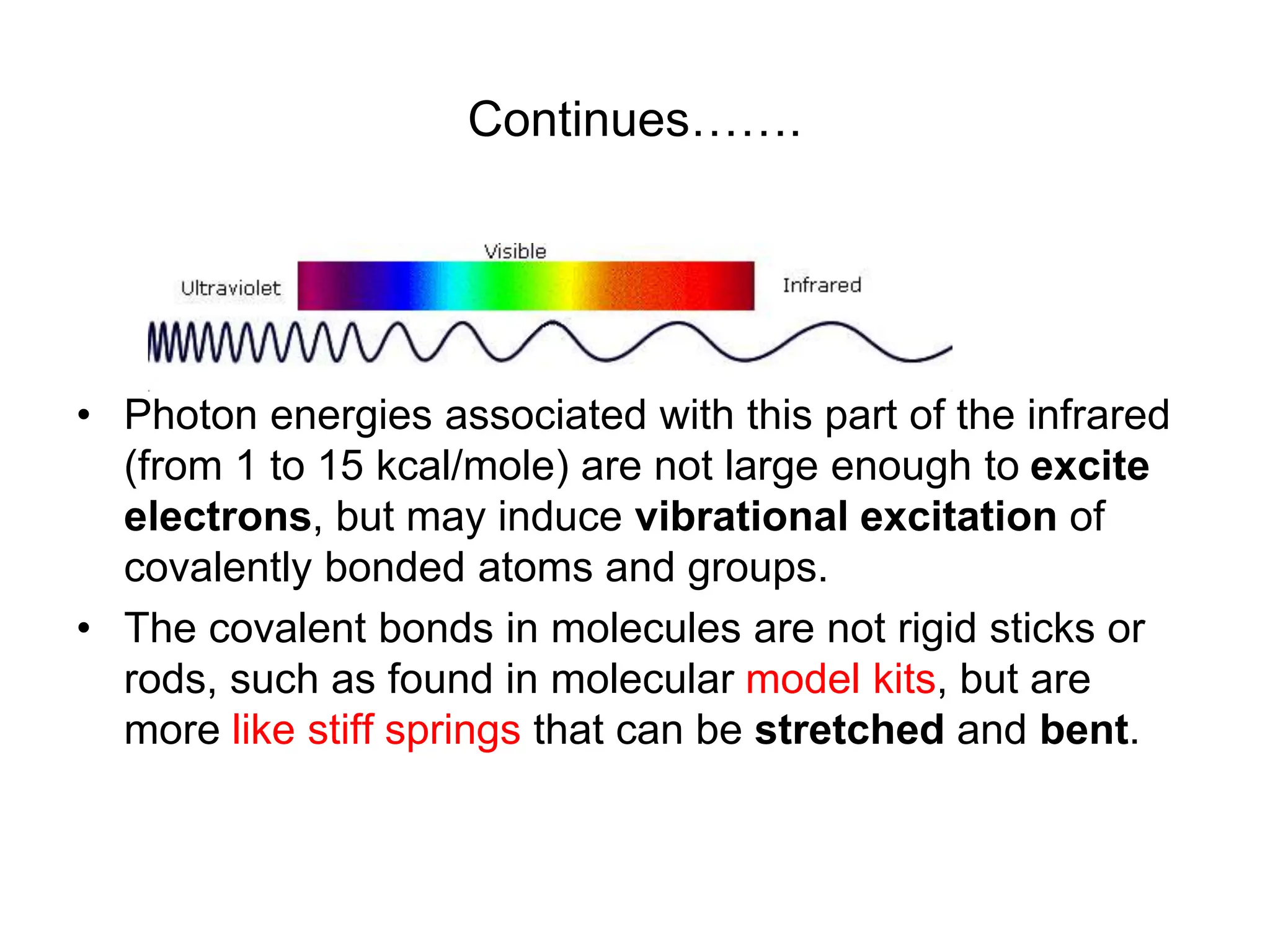 Continues…….
• Photon energies associated with this part of the infrared
(from 1 to 15 kcal/mole) are not large enough to excite
electrons, but may induce vibrational excitation of
covalently bonded atoms and groups.
• The covalent bonds in molecules are not rigid sticks or
rods, such as found in molecular model kits, but are
more like stiff springs that can be stretched and bent.
 