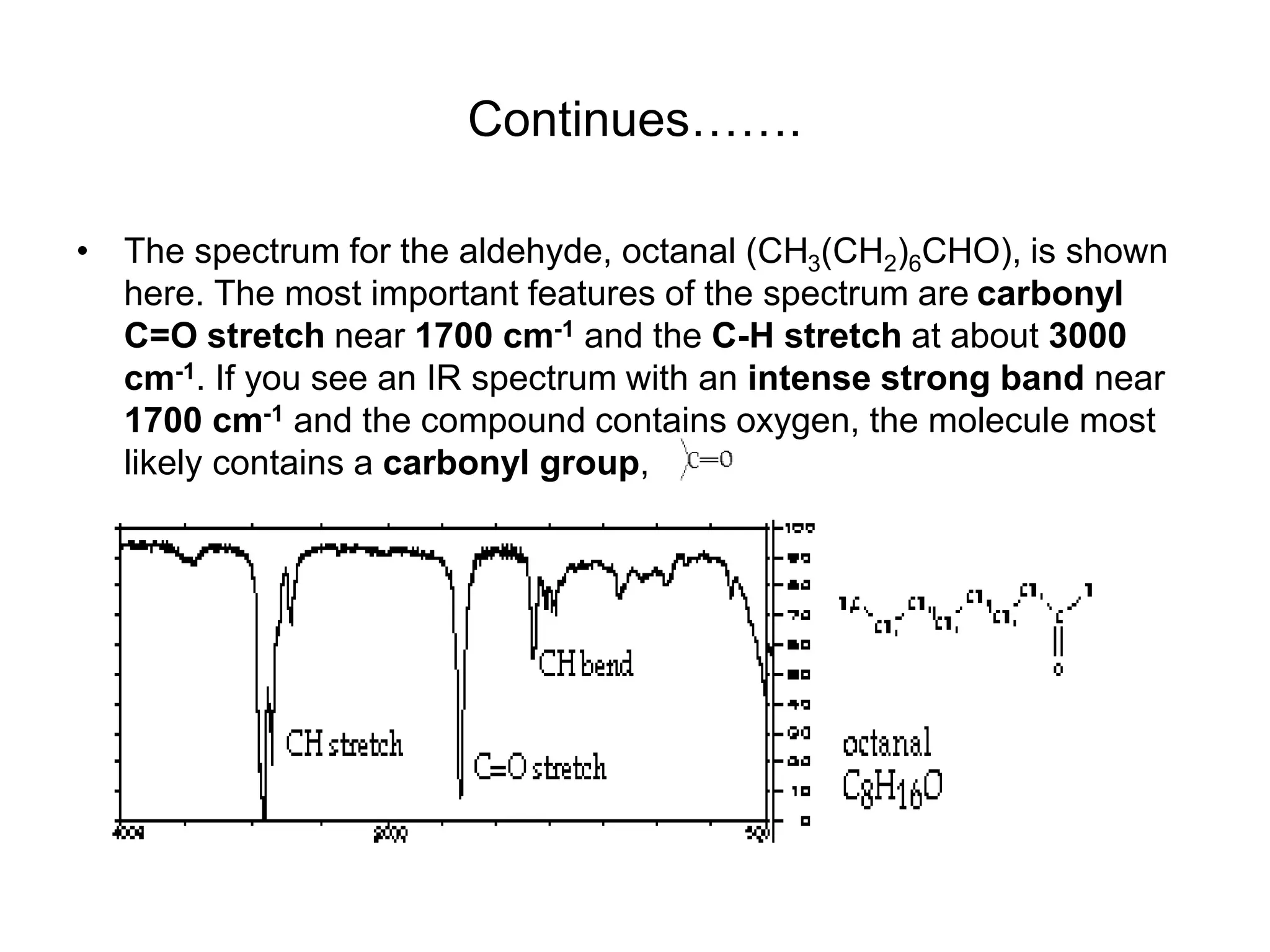 Continues…….
• The spectrum for the aldehyde, octanal (CH3(CH2)6CHO), is shown
here. The most important features of the spectrum are carbonyl
C=O stretch near 1700 cm-1 and the C-H stretch at about 3000
cm-1. If you see an IR spectrum with an intense strong band near
1700 cm-1 and the compound contains oxygen, the molecule most
likely contains a carbonyl group,
 
