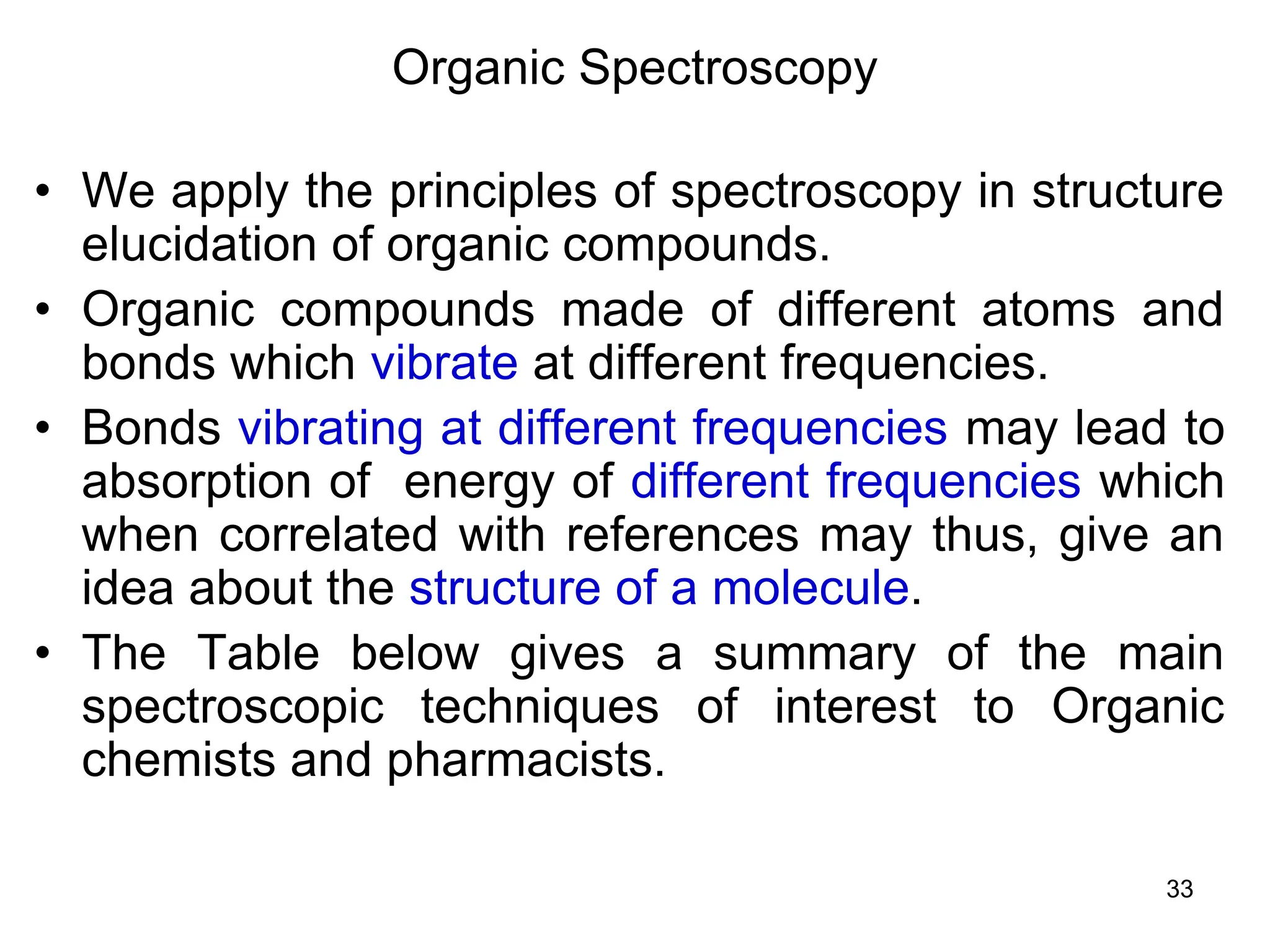 33
Organic Spectroscopy
• We apply the principles of spectroscopy in structure
elucidation of organic compounds.
• Organic compounds made of different atoms and
bonds which vibrate at different frequencies.
• Bonds vibrating at different frequencies may lead to
absorption of energy of different frequencies which
when correlated with references may thus, give an
idea about the structure of a molecule.
• The Table below gives a summary of the main
spectroscopic techniques of interest to Organic
chemists and pharmacists.
 