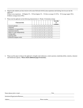 ________________________________________________________________________________________________________ 
________________________________________________________________________________________________________ 
4. Based on the students you have known in the same field and with the same experience and training, how do you rate the 
applicant? 
 Best in my experience  Highest 5%  Next highest 5%  Above average (15-25%)  Average (upper 50%) 
 Below average (lower 50%) 
5. Please rate the applicant on the following characteristics (1: Weak, 9: Extremely strong) 
Characteristic 
Not able 
to 
evaluate 
research aptitude 1 2 3 4 5 6 7 8 9 
originality 1 2 3 4 5 6 7 8 9 
acceptance of responsibility 1 2 3 4 5 6 7 8 9 
emotional maturity 1 2 3 4 5 6 7 8 9 
ability to work independently 1 2 3 4 5 6 7 8 9 
writing skills 1 2 3 4 5 6 7 8 9 
speaking skills 1 2 3 4 5 6 7 8 9 
technical/computer skills 1 2 3 4 5 6 7 8 9 
6. Please use this space to discuss the applicant’s strengths and weaknesses, creative promise, leadership ability, maturity, character 
and intellectual capacity. Please attach additional pages if necessary. 
Name (please print or type) ______________________________________________Title______________________________ 
Institution/Organization/Business___________________________________________________________________________ 
Address_____________________________________________ Phone number_______________________________________ 
 