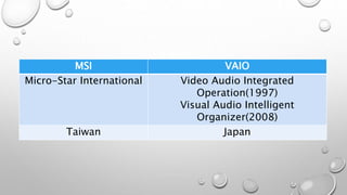 MSI VAIO
Micro-Star International Video Audio Integrated
Operation(1997)
Visual Audio Intelligent
Organizer(2008)
Taiwan Japan
 