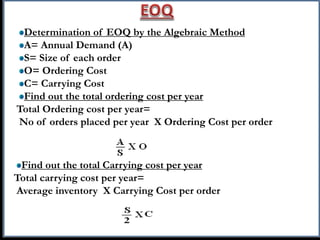 Determination of EOQ by the Algebraic Method
A= Annual Demand (A)
S= Size of each order
O= Ordering Cost
C= Carrying Cost
Find out the total ordering cost per year
Total Ordering cost per year=
No of orders placed per year X Ordering Cost per order
Find out the total Carrying cost per year
Total carrying cost per year=
Average inventory X Carrying Cost per order
 