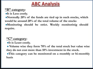 “B” category:
It is Less costly.
Normally 20% of the funds are tied up in such stocks, which
would be around 20% of the total volume of the stocks
Monitoring should be strict. Weekly monitorinig should
require.
“C” category:
It is Least costly.
Volume wise they form 70% of the total stock but value wise
they do not cost more than 10% investment in the stock.
This category can be monitored on a monthly or bi-monthly
basis
 