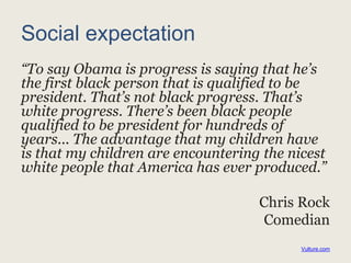 Social expectation
“To say Obama is progress is saying that he’s
the first black person that is qualified to be
president. That’s not black progress. That’s
white progress. There’s been black people
qualified to be president for hundreds of
years... The advantage that my children have
is that my children are encountering the nicest
white people that America has ever produced.”
Chris Rock
Comedian
Vulture.com
 