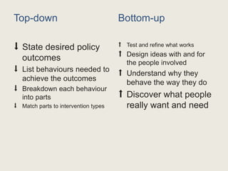 Top-down
⬇ State desired policy
outcomes
⬇ List behaviours needed to
achieve the outcomes
⬇ Breakdown each behaviour
into parts
⬇ Match parts to intervention types
Bottom-up
⬆ Test and refine what works
⬆ Design ideas with and for
the people involved
⬆ Understand why they
behave the way they do
⬆ Discover what people
really want and need
 