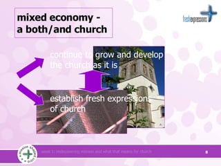 continue to grow and develop  the church as it is establish fresh expressions  of church mixed economy - a both/and church 